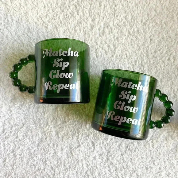 Green Glass Beaded Handle Matcha Mugs - Set of 2 - Picture 1 of 6